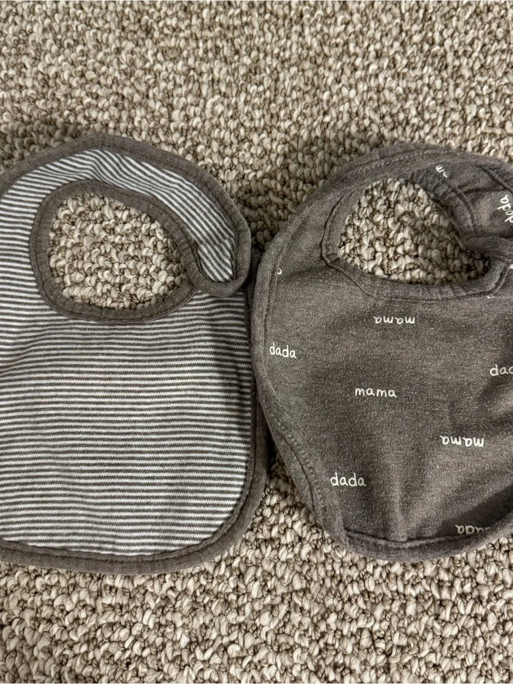 Carter's Baby Bib Lot of 2 Gray Stripe Mama Dada Print Neutral Unisex